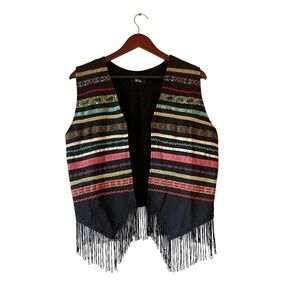 Vintage Black Embroidered Fringe Boho Festival Vest Women size large